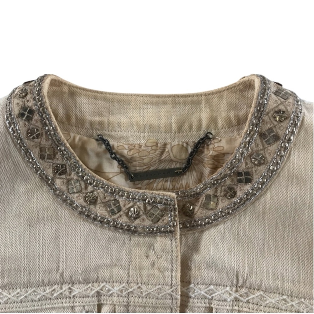 ELIE TAHARI Cotton Leather Blingy Trim Jacket in Cream Size Small — GORGEOUS!!! - Picture 7 of 11
